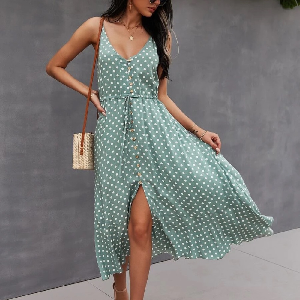 Button up v neck tie polka dot midi dress - Picture 2 of 16